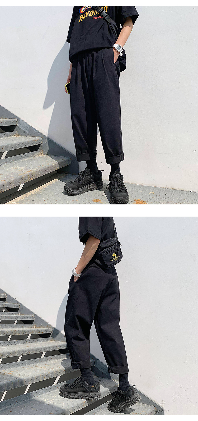 Men's Simple Loose Black Cotton Pants