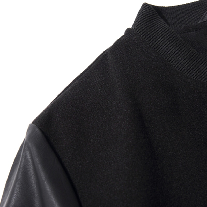 Men's Black Woolen Bomber Jacket with Leather Sleeves