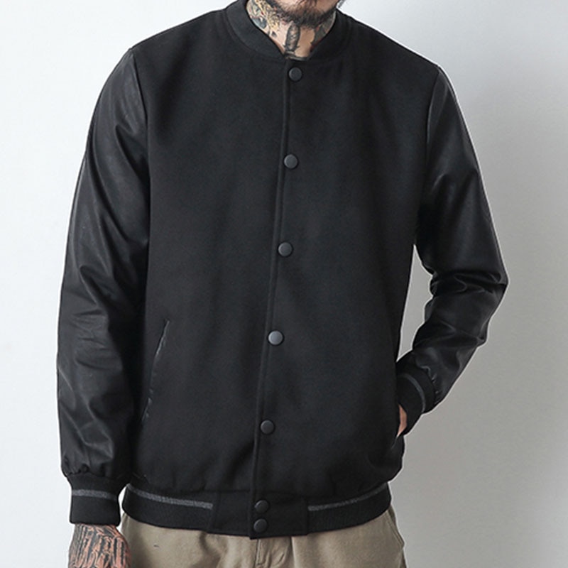 Men's Black Woolen Bomber Jacket with Leather Sleeves