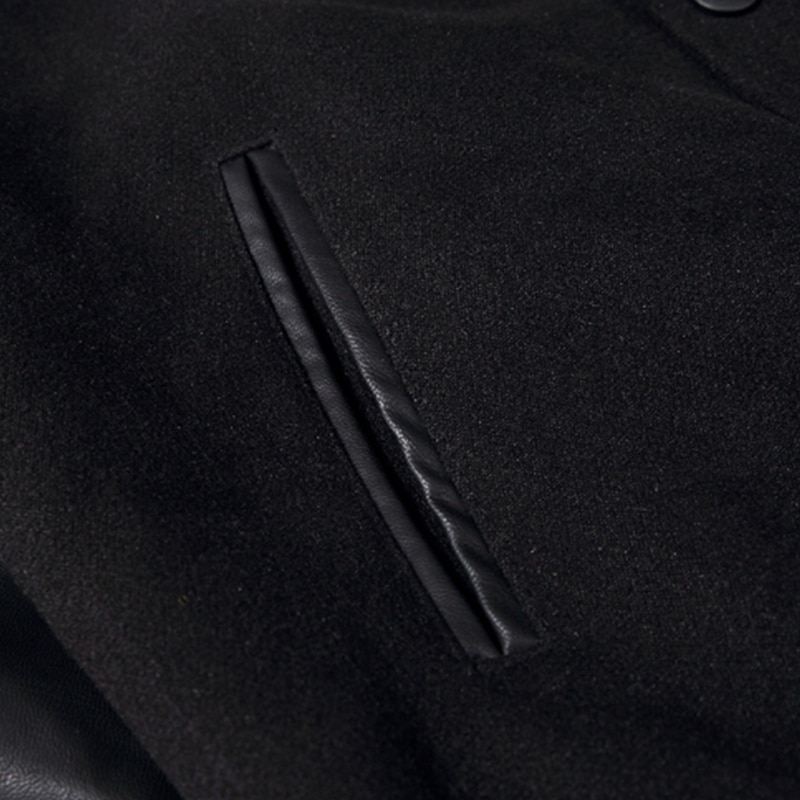 Men's Black Woolen Bomber Jacket with Leather Sleeves