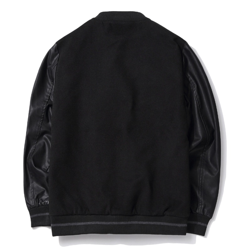 Men's Black Woolen Bomber Jacket with Leather Sleeves