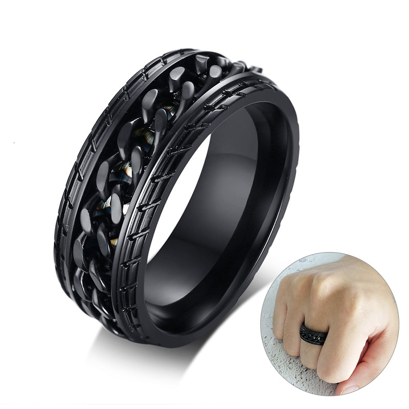 Rotatable Black Chain Rings for Men