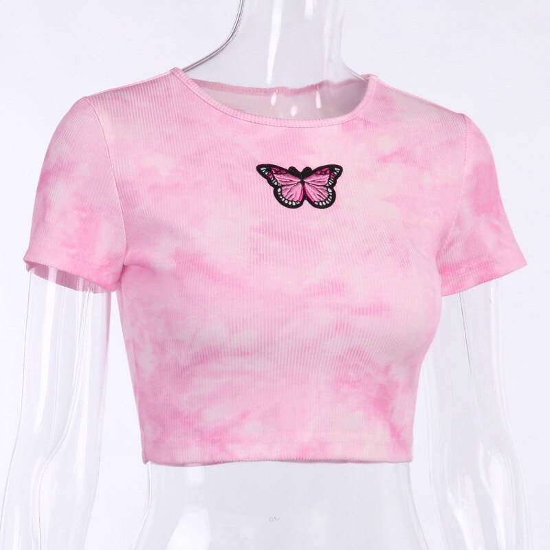 Women's Tie Dye Crop Top with Butterfly Embroidery