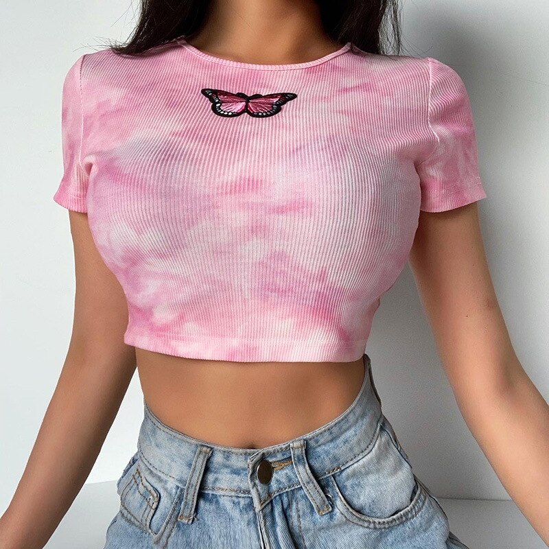 Women's Tie Dye Crop Top with Butterfly Embroidery
