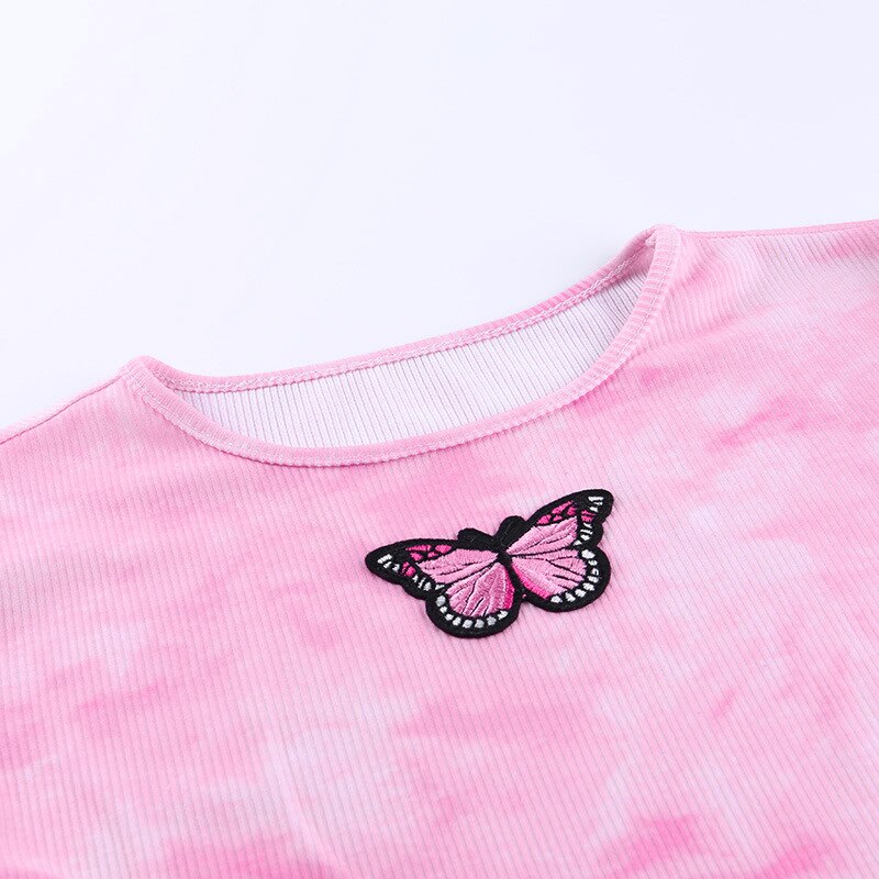 Women's Tie Dye Crop Top with Butterfly Embroidery