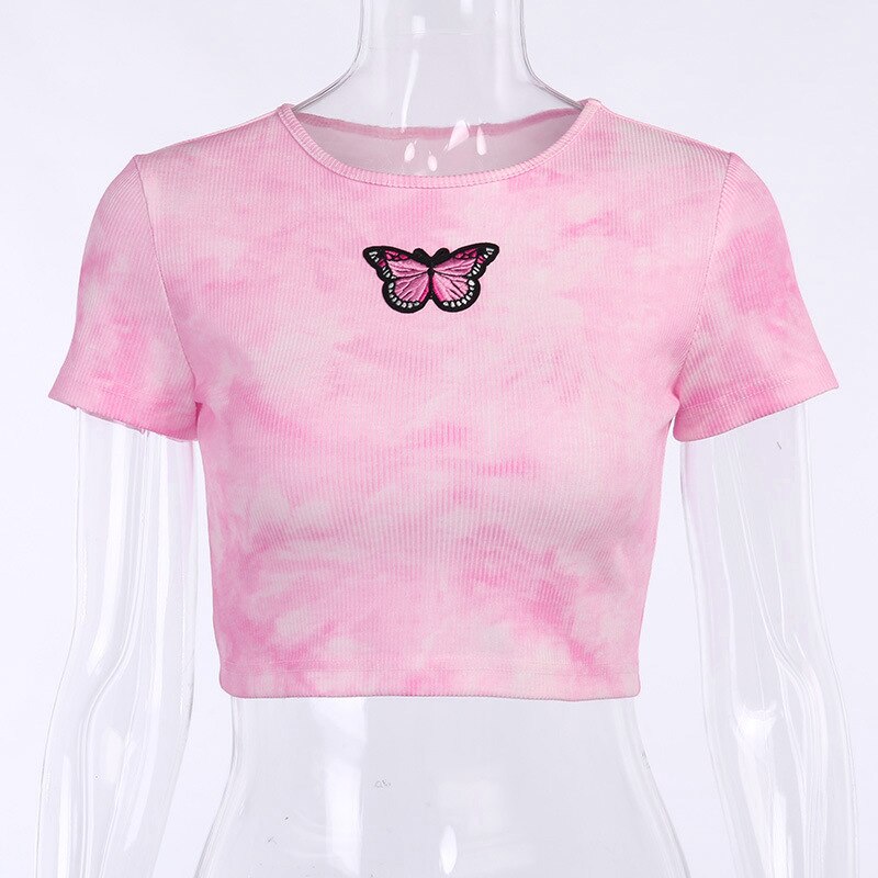 Women's Tie Dye Crop Top with Butterfly Embroidery