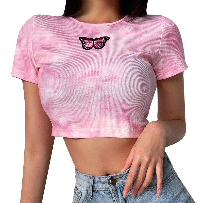 Women's Tie Dye Crop Top with Butterfly Embroidery