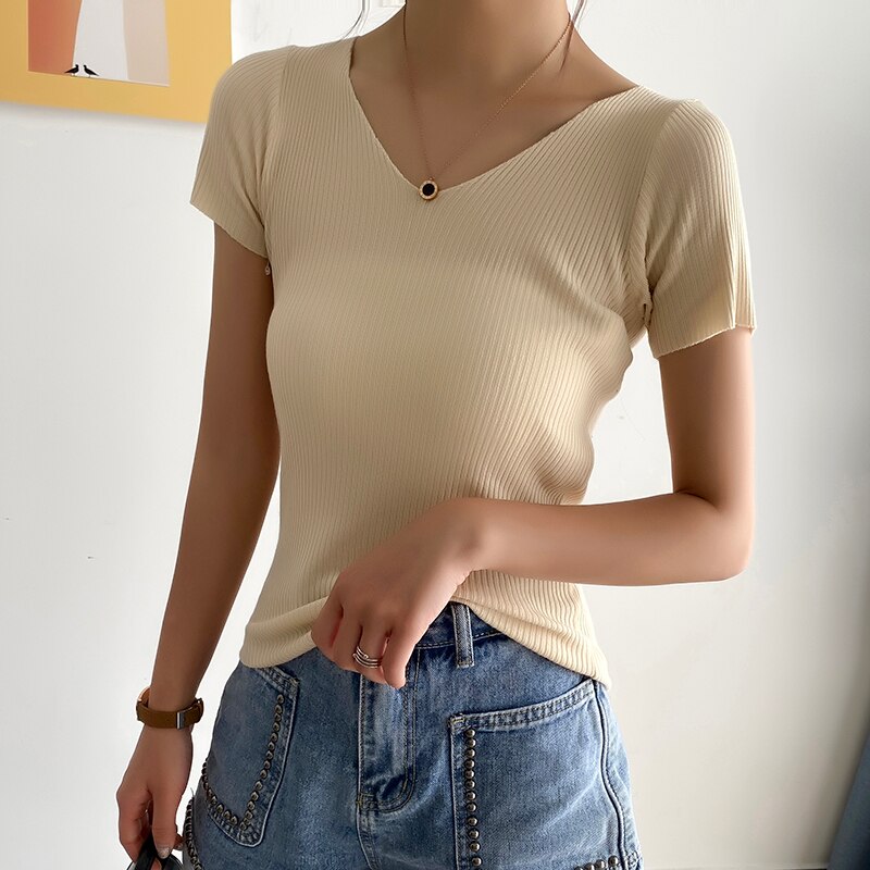 Women's Knitted V-Neck Basic Slim Top