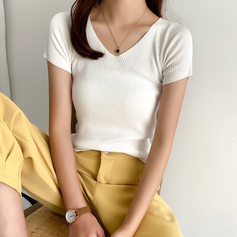 Women's Knitted V-Neck Basic Slim Top