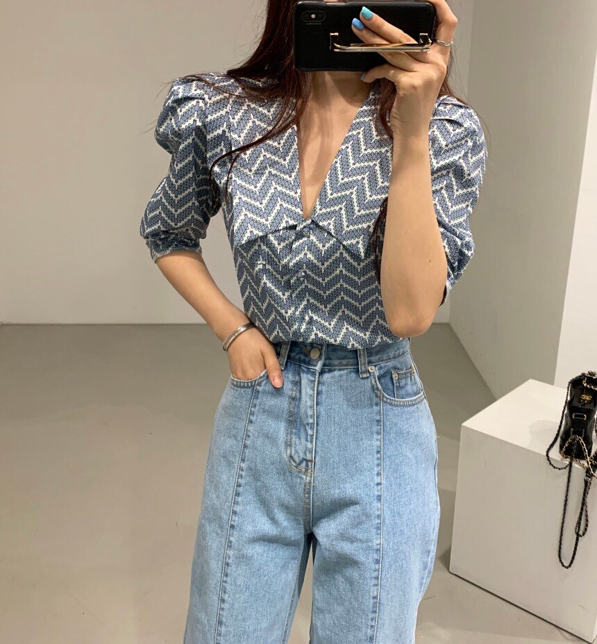 Vintage Striped Puff Sleeve Blouse